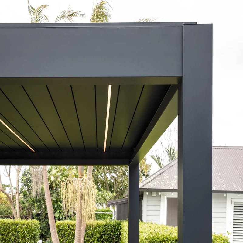 Luxi Living Tasman Motorised Freestanding Louvre Roof Aluminium Pergola - charcoal pergola close up view
