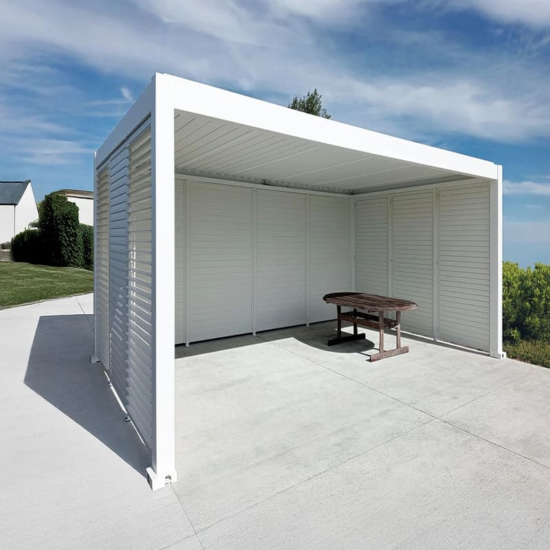 Luxi Living Tongue and Groove Privacy Screen for Baltic Wall Mounted Pergola - white pergola setup on a lawn.