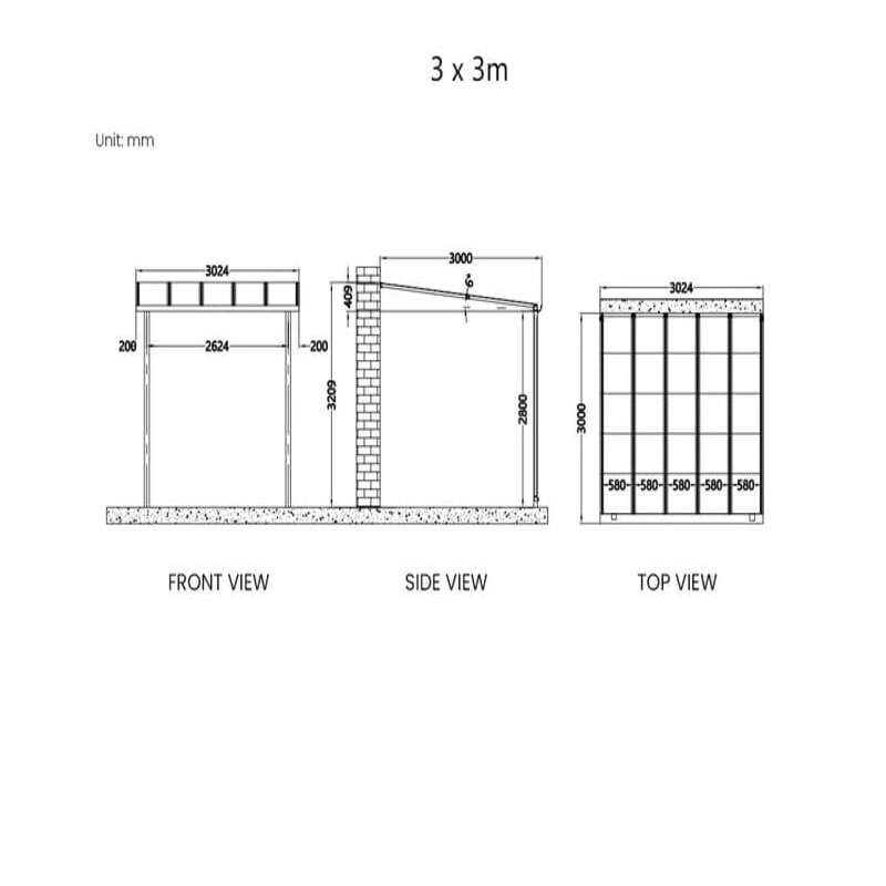 Luxi Living Urban Wall Mounted Patio Cover - 3x3m plan views