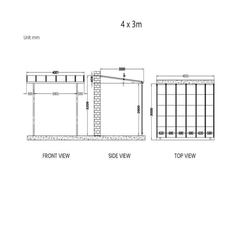 Luxi Living Urban Wall Mounted Patio Cover - 4x3m plan views