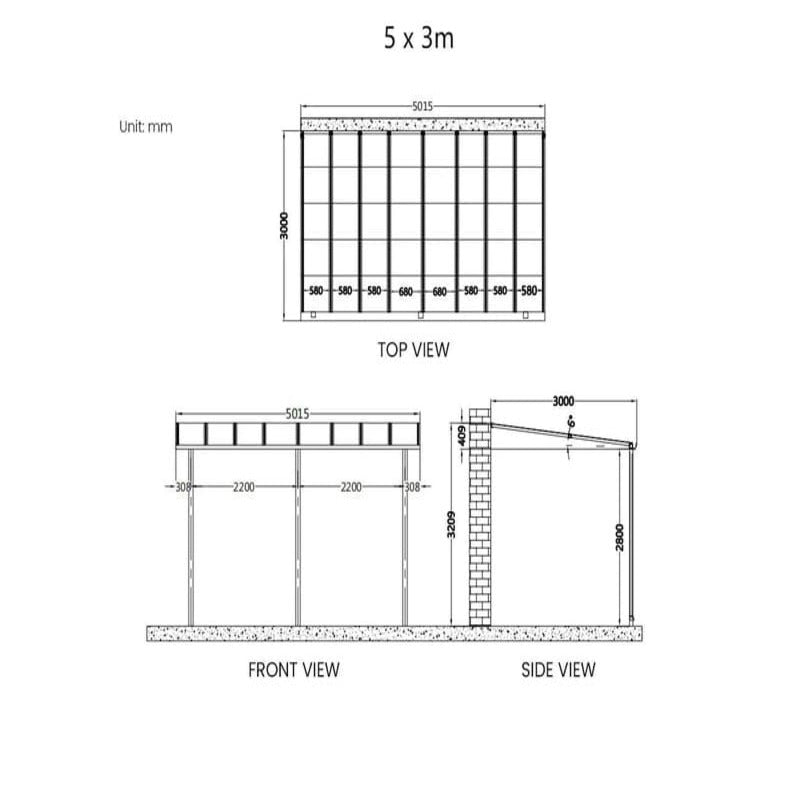 Luxi Living Urban Wall Mounted Patio Cover - 5x3m plan views