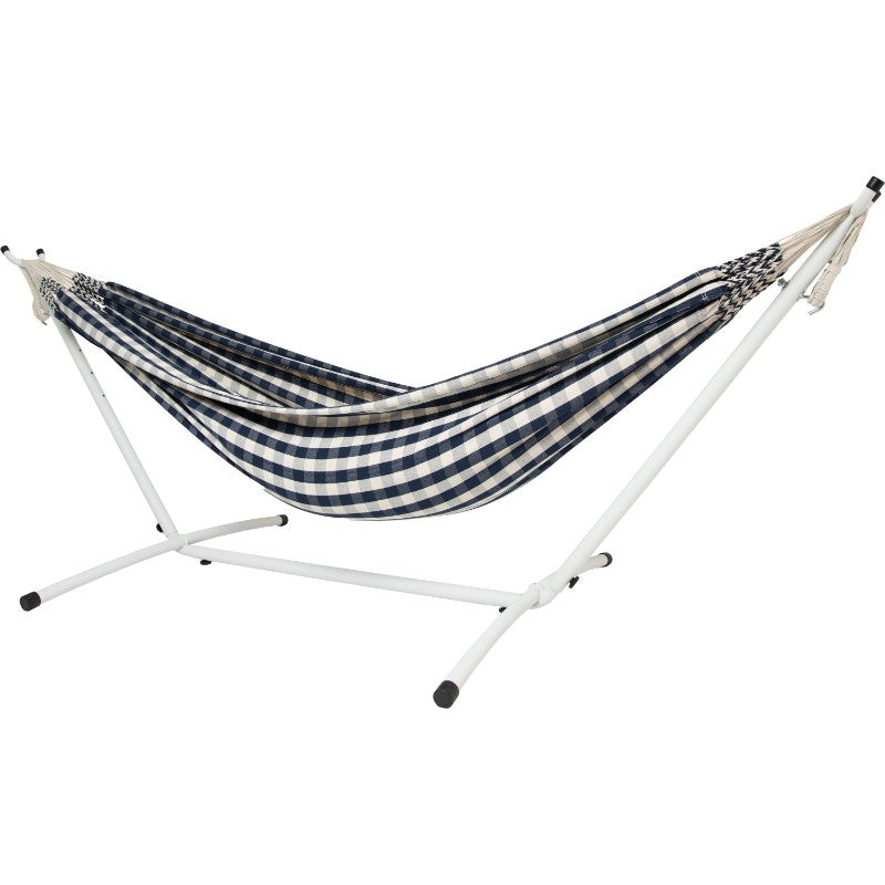 Pacific Hammocks 10ft White Universal Steel Hammock Stand And Authentic Double Vichy Hammock in Navy
