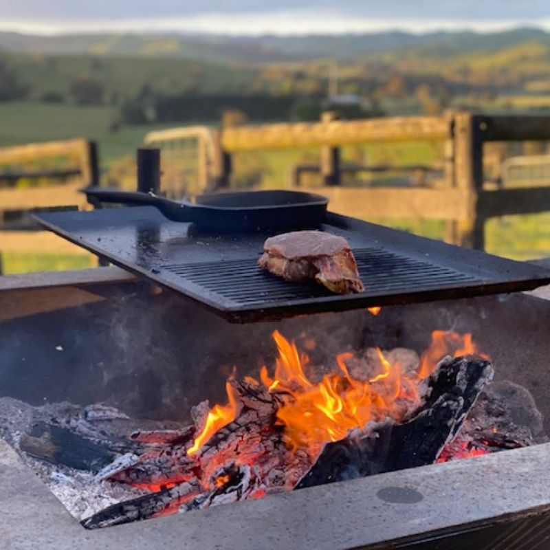 Pinnacle BBQ Firepit cooking outdoors with hills in the background