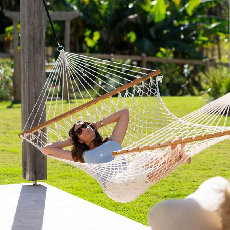 Resort King Polyester Rope Hammock Cream with Woman 