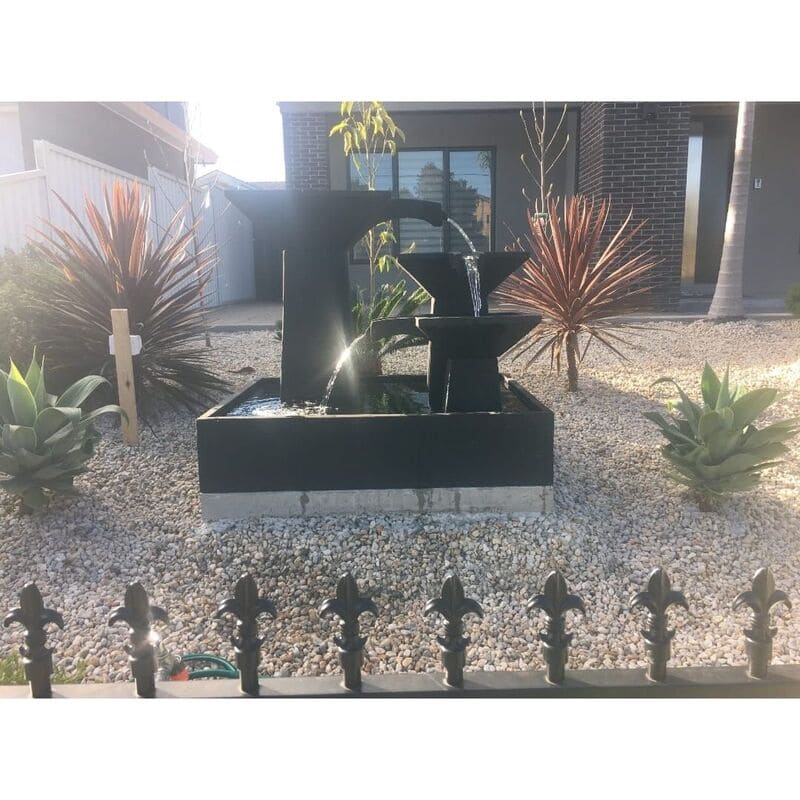 Three Tier Cascade Fountain Charcoal front yard landscape