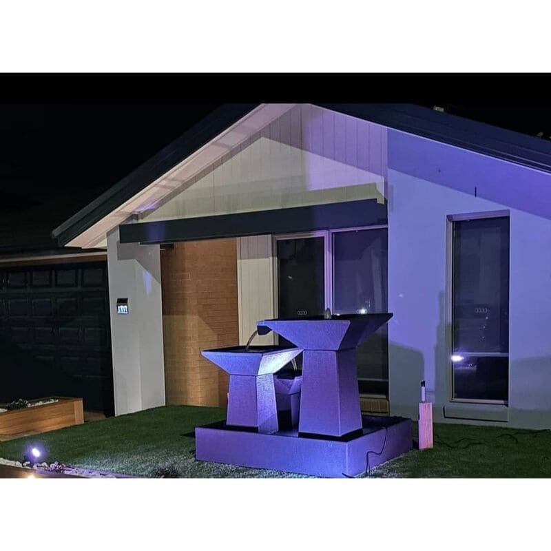 Three Tier Cascade Fountain Grey front yard with lights