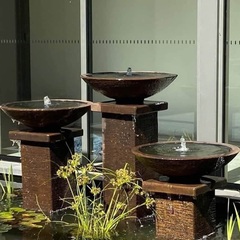 Triple Bowl Fountain Rust with floating flowers