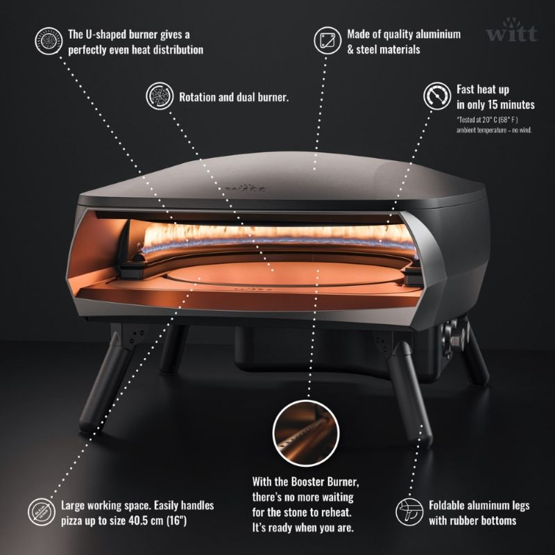 Witt Etna Rotante Gas Powered Pizza Oven with Twin Burner & Rotating Stone 16" - black oven labelled