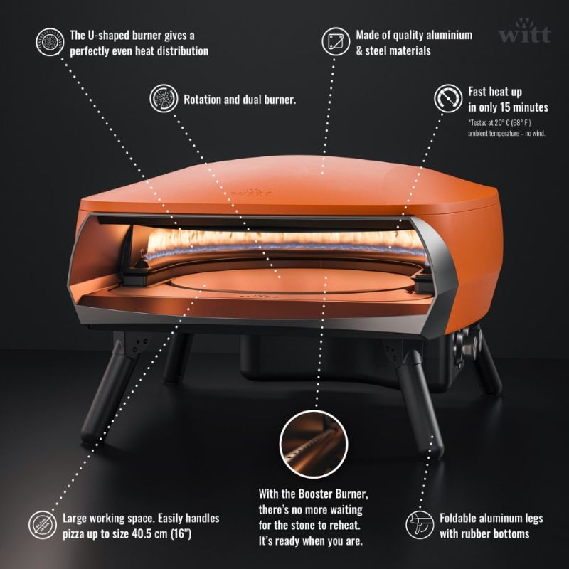 Witt Etna Rotante Gas Powered Pizza Oven with Twin Burner & Rotating Stone 16" -  labelling of orange oven