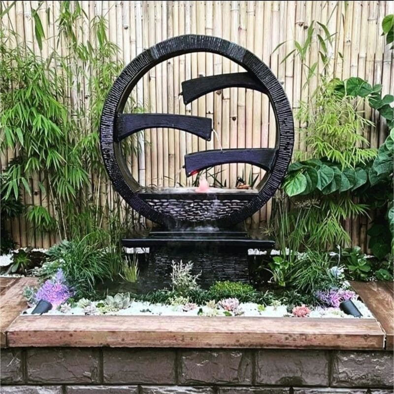 Wagon Wheel Fountain Large Charcoal with plants