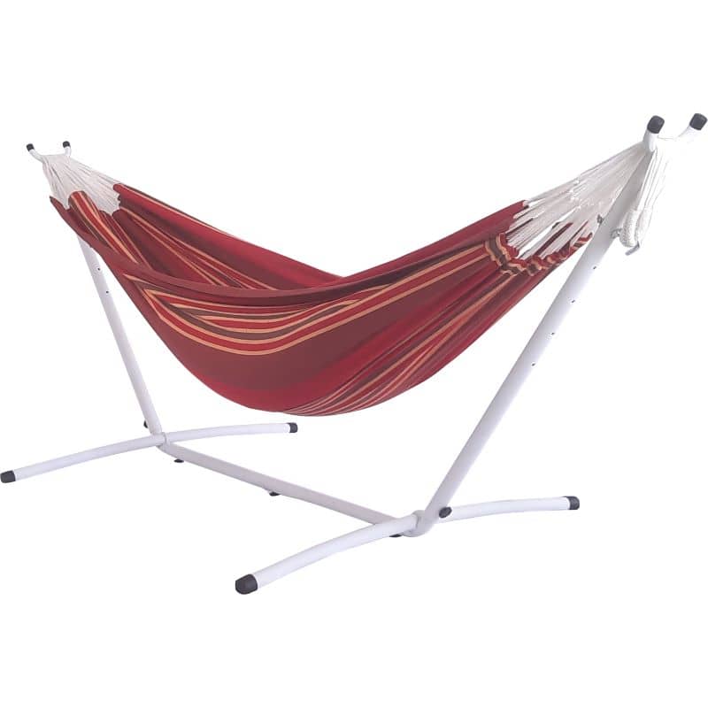White 10ft universal hammock stand with Red Rock hammock combo