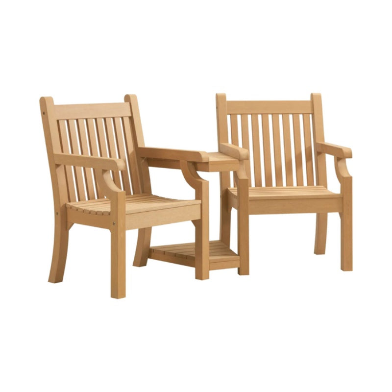 Winawood Sandwick Love Seat with Table- New Teak on a white background.