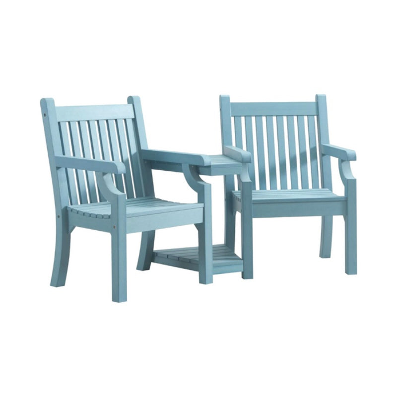 Winawood Sandwick Love Seat with Table- Powder blue on white background.
