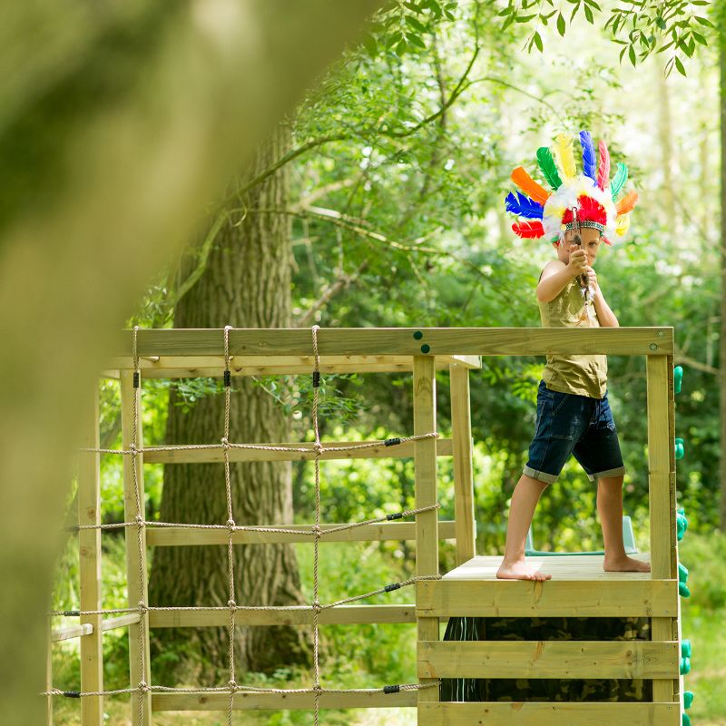 Wooden Climbing Cube kid on top playing with bow and arrow