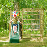 Wooden climbing cube play area boy on the slide