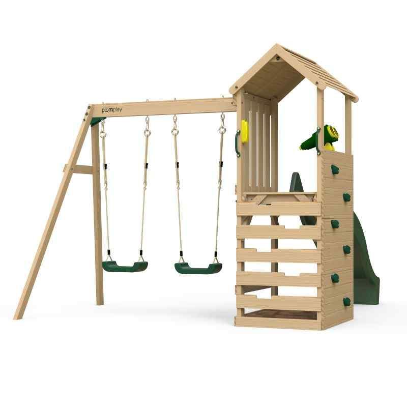Wooden lookout With Swings back Angle View on White Background