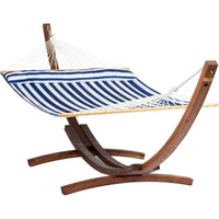 Wooden Arc Hammock Stand with King Quilted Hammock in Hamptons Stripe on white background